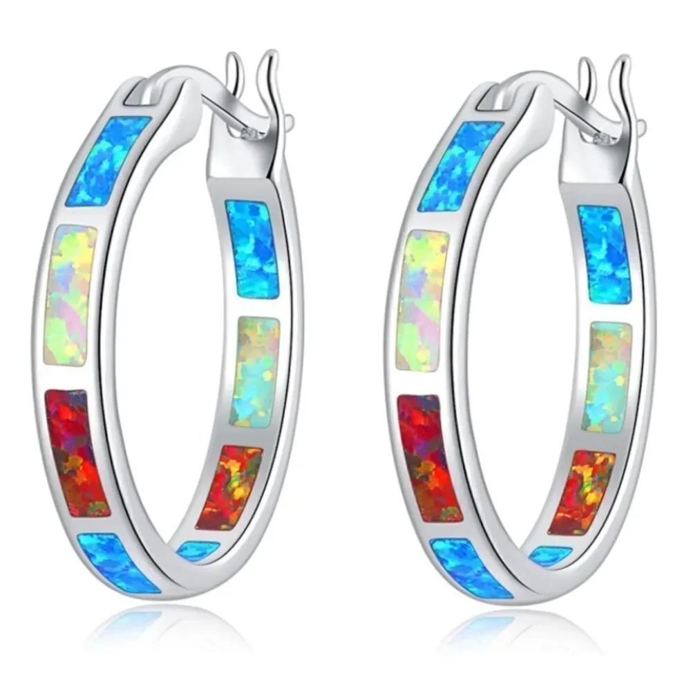 14K White Gold with Genuine Red White and Blue Fire Opal Round Hoop Earrings